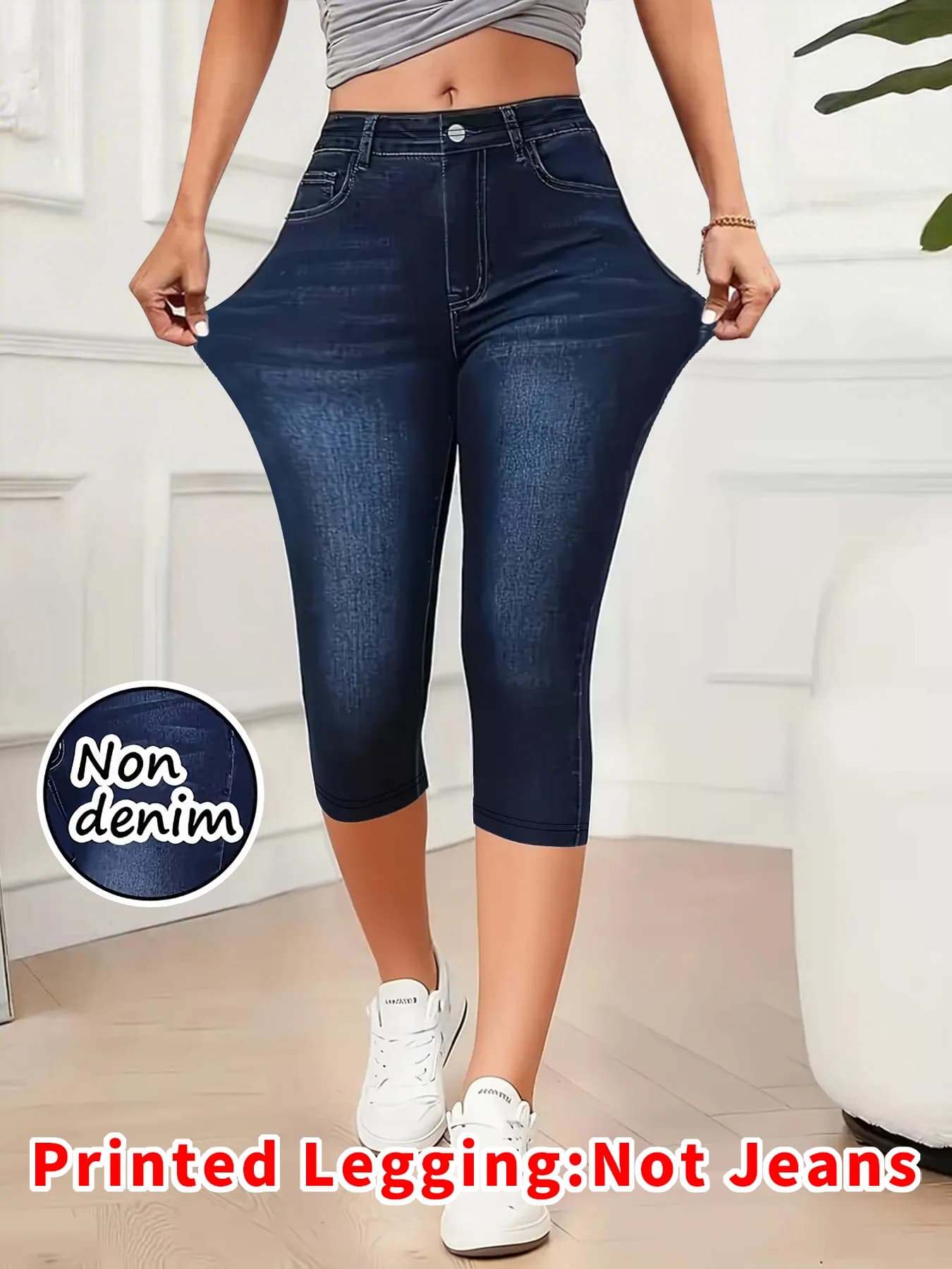 Denim-Look Print Capri Legging in Dark Navy Blue