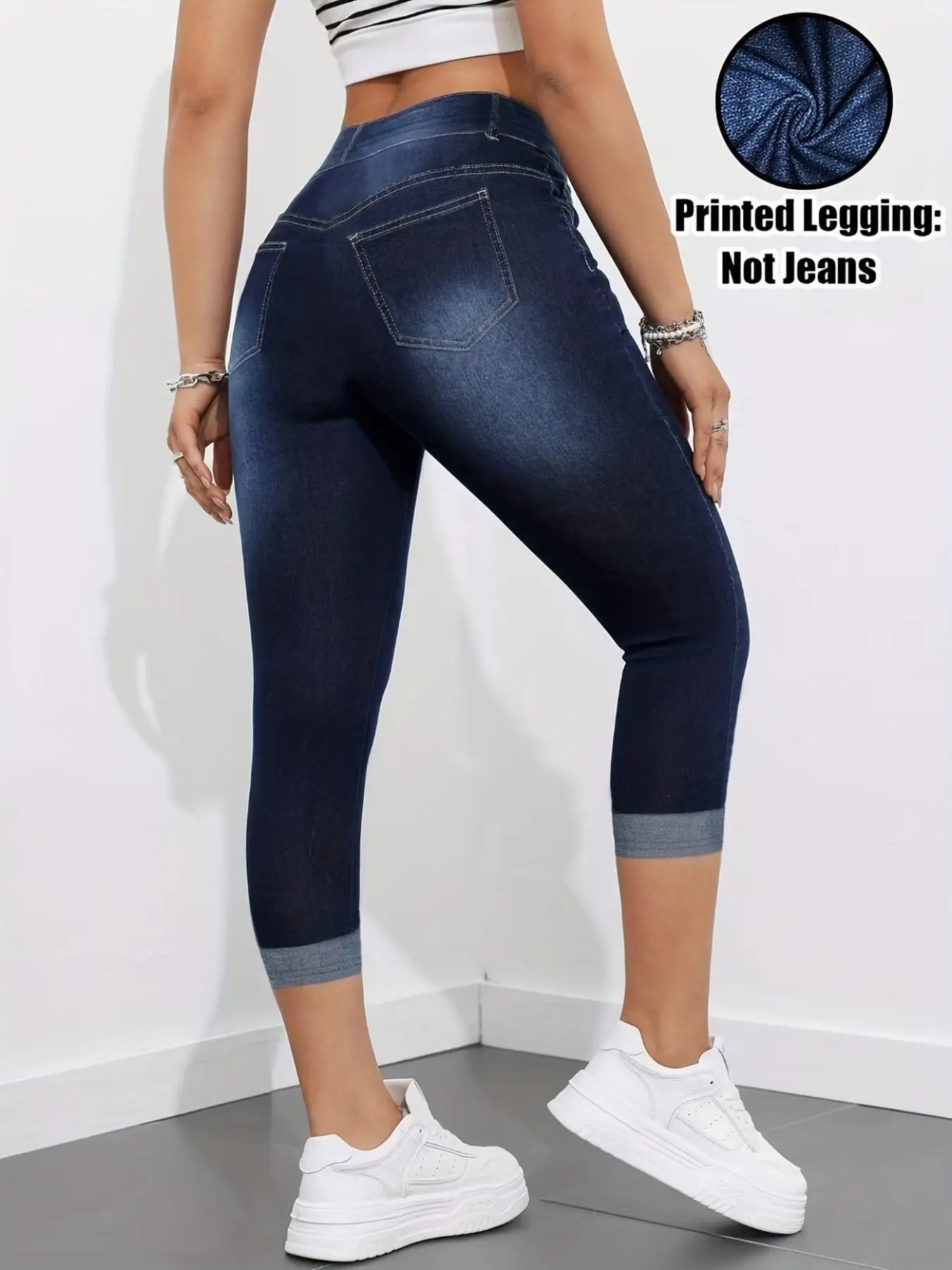 Denim-Print Capri Legging in Dark Navy Blue
